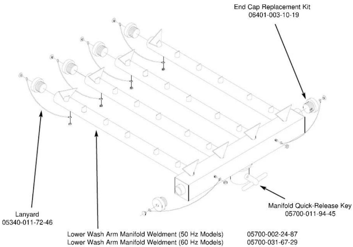 End Cap Replacement Kit 06401-003-10-19 Lanyard 05340-011-72-46 Lower Wash Arm Manifold Weldment (50 Hz Models) Lower Wash Arm Manifold Weldment (60 Hz Models) Manifold Quick-Release Key 05700-011-94-45 05700-002-24-87 05700-031-67-29