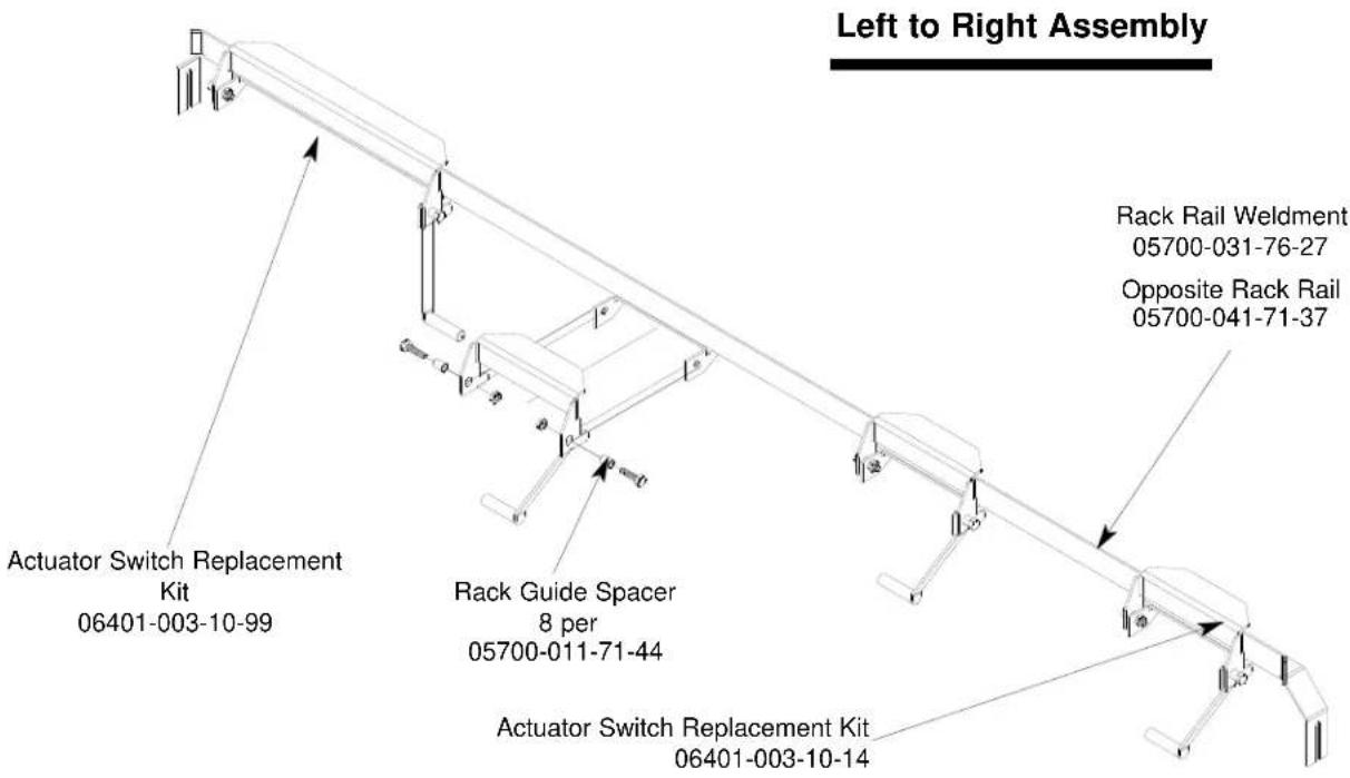 Left to Right Assembly Actuator Switch Replacement Kit 06401-003-10-99 Rack Guide Spacer 8 per 05700-011-71-44 Actuator Switch Replacement Kit 06401-003-10-14 Rack Rail Weldment 05700-031-76-27 Opposite Rack Rail 05700-041-71-37