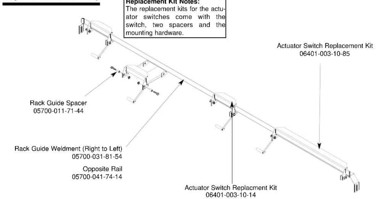 Replacement Kit Notes: The replacement kits for the act- ator switches come with the switch, two spacers and the mounting hardware. Rack Guide Spacer 05700-011-71-44 Rack Guide Weldment (Right to Left) 05700-031-81-54 Opposite Rail 05700-041-74-14 Actuator Switch Replacement Kit 06401-003-10-85 Actuator Switch Replacement Kit 06401-003-10-14