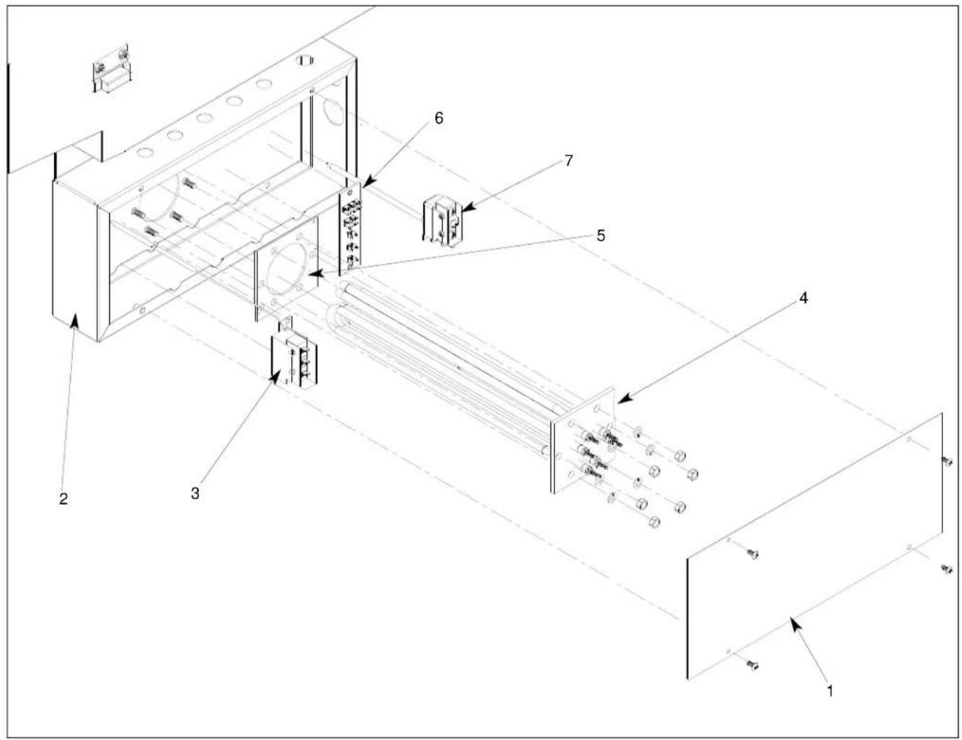 Technical diagram of a mechanical assembly with numbered components and directional arrows indicating assembly or movement.