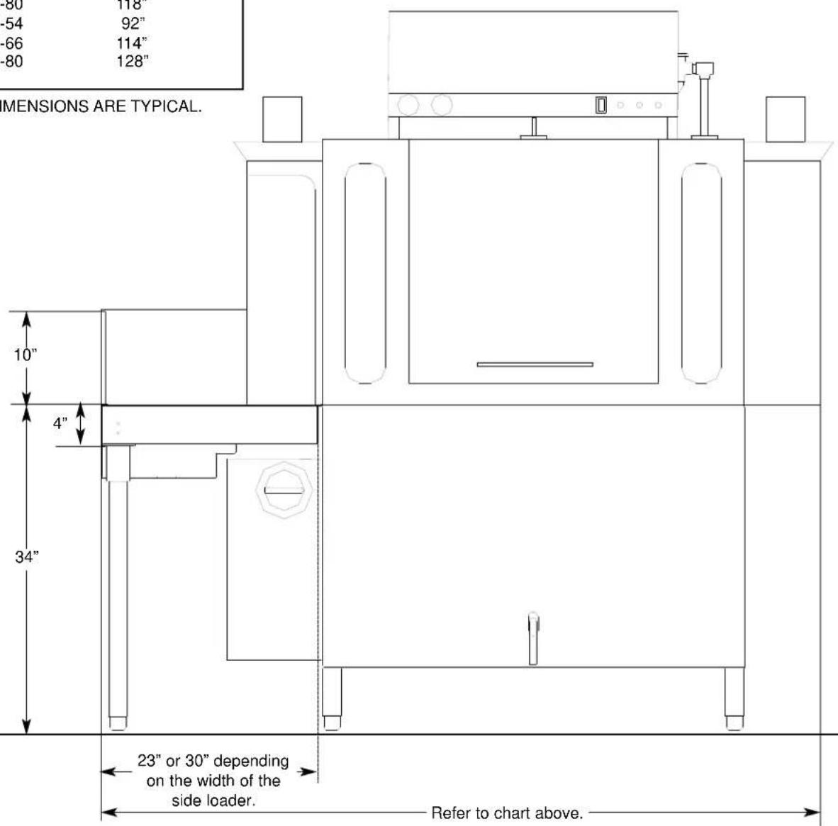 MENSIONS ARE TYPICAL. 10" 4" 34" 23" or 30" depending on the width of the side loader. Refer to chart above.