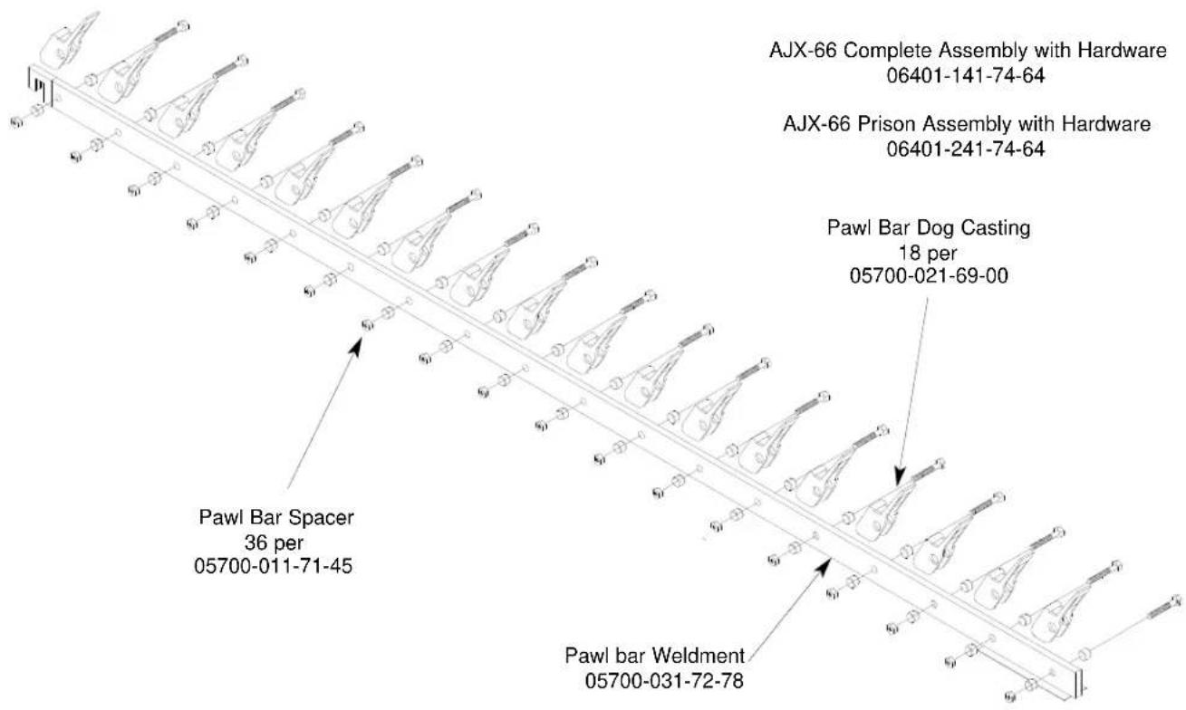 AJX-66 Complete Assembly with Hardware 06401-141-74-64 AJX-66 Prison Assembly with Hardware 06401-241-74-64 Pawl Bar Dog Casting 18 per 05700-021-69-00 Pawl Bar Spacer 36 per 05700-011-71-45 Pawl bar Weldment 05700-031-72-78