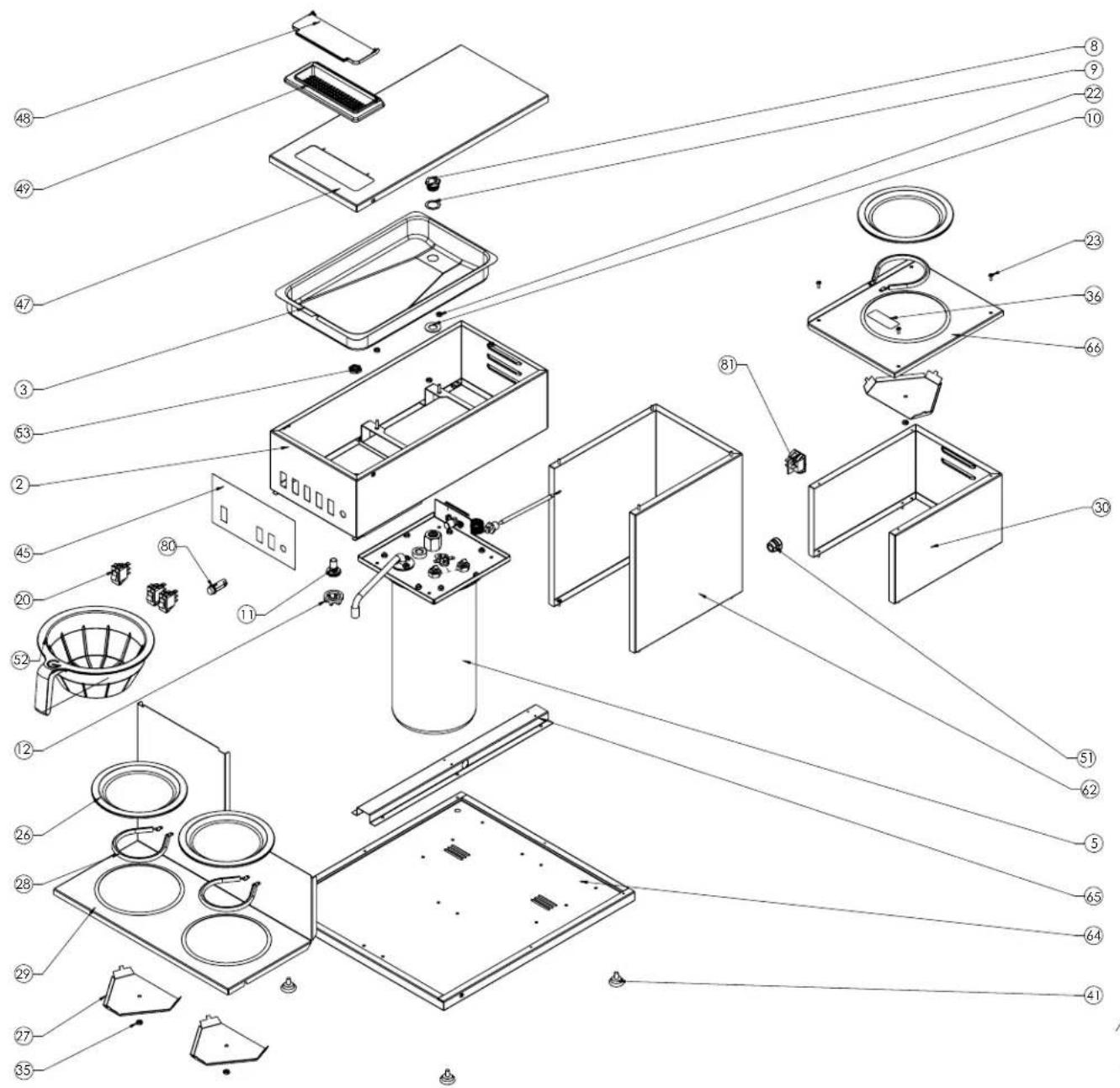 Exploded view diagram of a kitchen appliance with numbered parts for identification