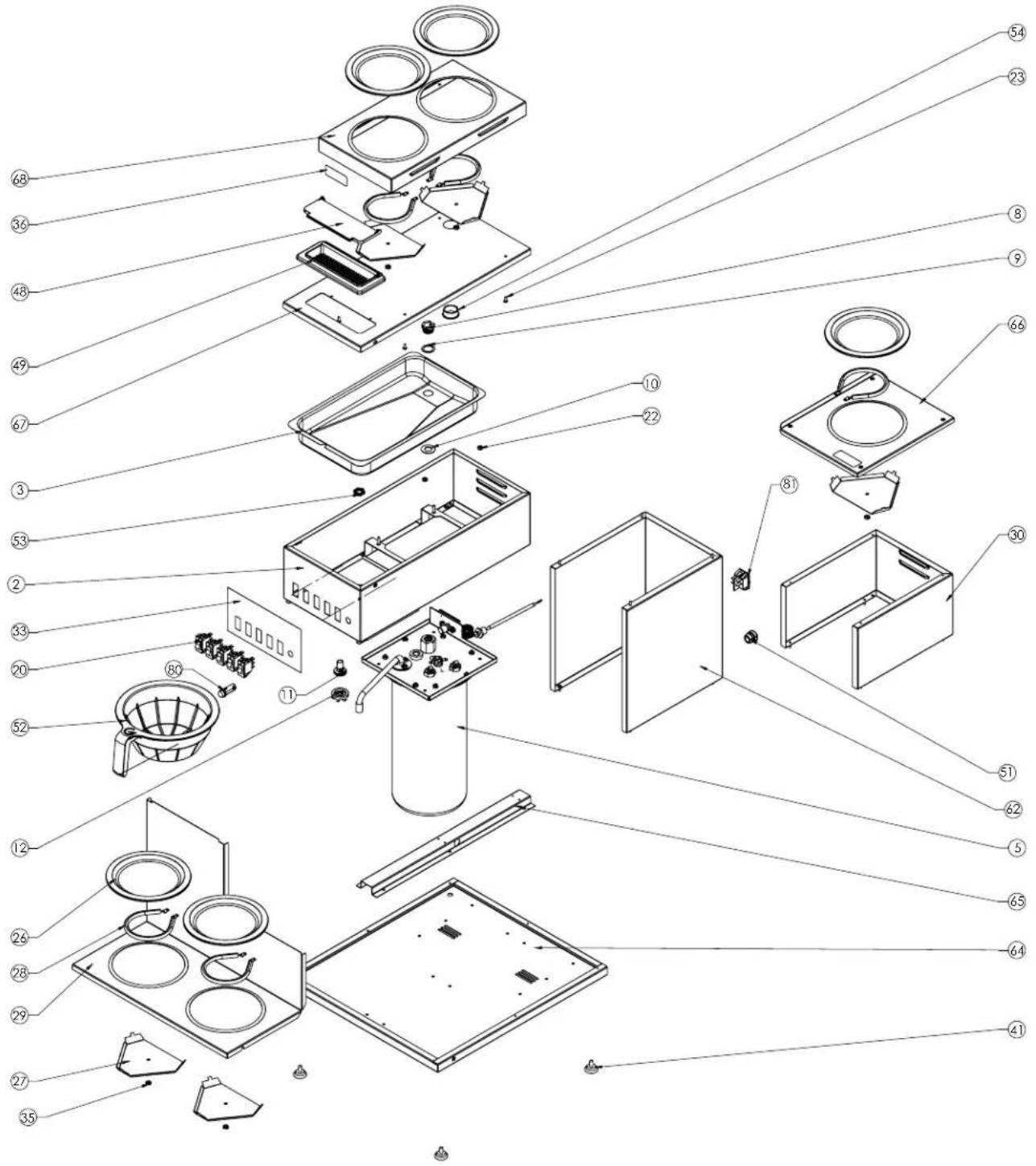 Exploded view diagram of a kitchen appliance with numbered parts for identification