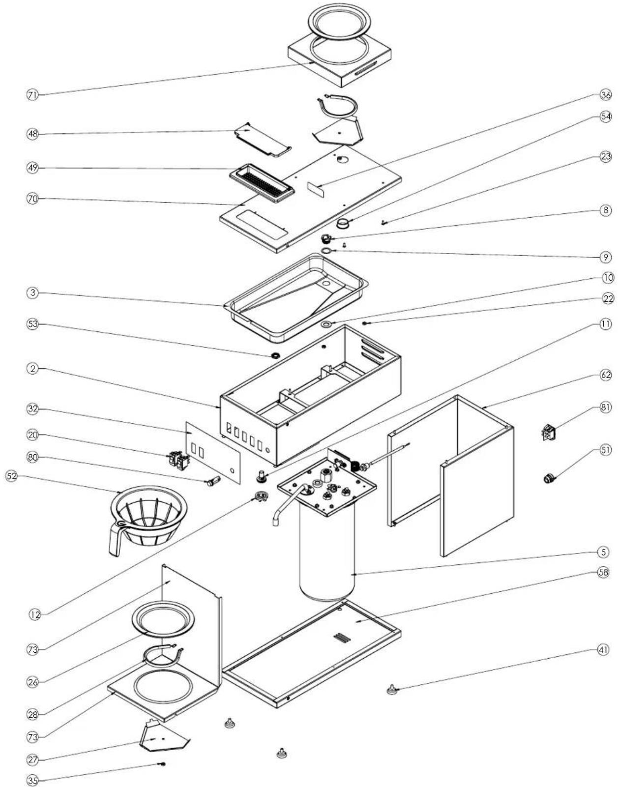 Exploded view diagram of a microwave oven with numbered parts for identification