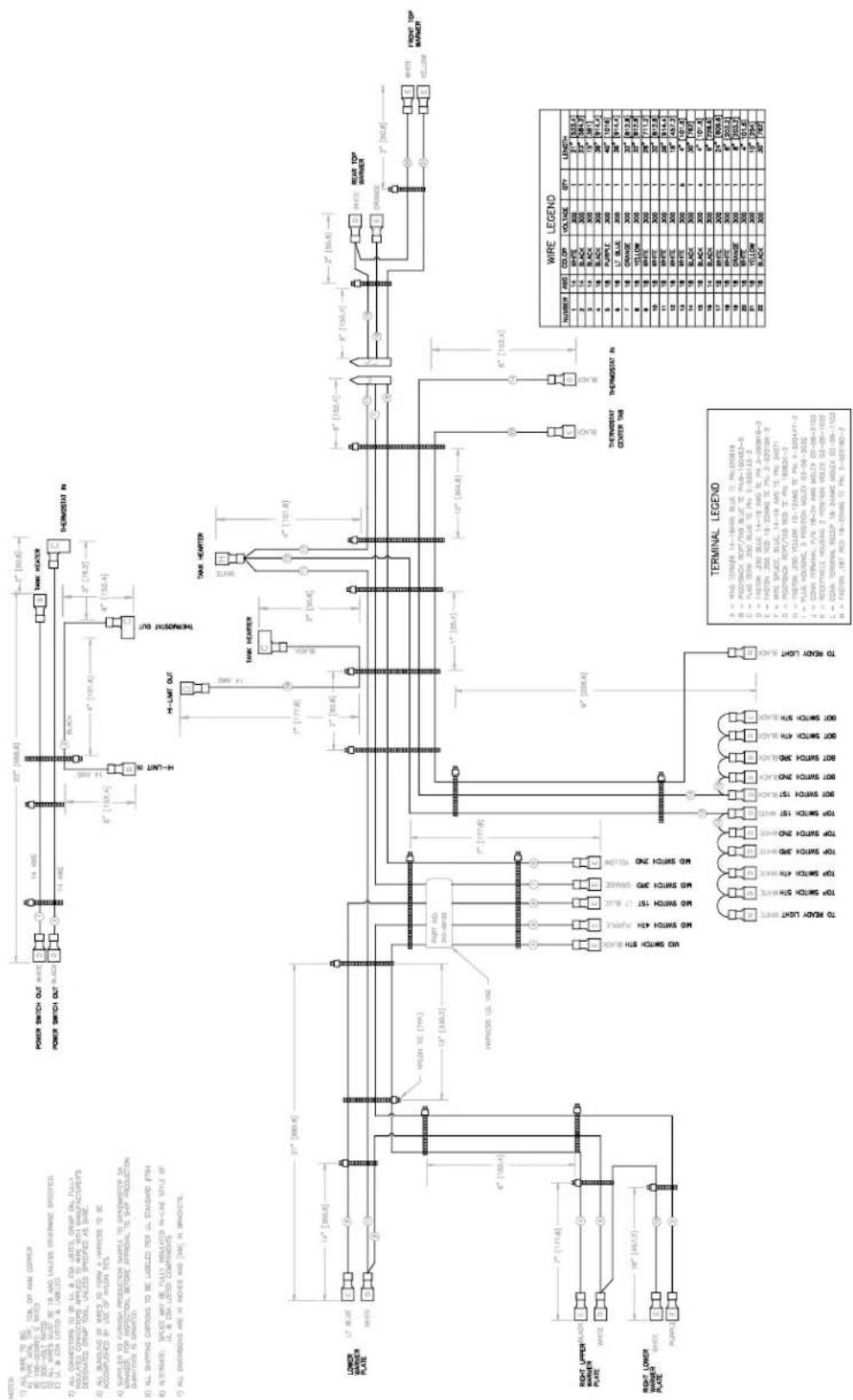 NOTES: 1) ALL WIRE TO BE 2) TYPE WITH DR. TELK OF ARM COVER 3) 100-DCORDED C RATED 4) 300-VOLT RATED ALL WIRE MUST BE 18 AND UNLESS OTHERWISE SPECIFIED 5) UL & CSA USED & UBELED 2) ALL CONNECTORS TO BL UL & CSA LISTED, C RAMP ON, FULLY INSOLATED CONDUCTORS APPLIED TO WIRE WITH MAINTUSTRY'S DESIGNATED CRAFT TOOL, UNLESS SPECIFIED AS SWE. 3) ALL BUILDING OF MILES TO FORAN A HARNESS TO BE ACCOMPLESSED BY USE OF HYLOW TELS. 4) SUPPLIER TO FURNISH PRODUCTION SAMPLE TO GRIEMSTER ON MANAGER, FOR ANGENTURAL BEFORE APPROVAL TO SHIP PRODUCTION DURATION TO GRIELED. 5) ALL SHIPPING CARTIONS TO BE LUBELED PER UL STANDARD #754 6) ALTERNATE: SPACE MAY BE FULLY APPLICATED IN-LINE STYLE OF UL & CSA LISTED COMPONENTS 7) ALL DIMENSIONS ARE IN RIOES AND [146] IN BROWTHS. LOWER LOWER PLATE LT BLUE WHITE 27" [360.6] 14" [360.6] YELLOW TE (779.4) 13" [360.2] FIRE NO. 243-40193 FIRE PRESS 12.14C 4" [188.4] 2" [177.8] WD SWITCH ETH BAND MD SWITCH ETH PURPLE MD SWITCH ETH WHITE MD SWITCH ETH RED GRANGE MD SWITCH ETH YELLOW TO BUDY LIGHT WHITE TOP SWITCH ETH WHITE TOP SWITCH ETH WHITE TOP SWITCH ETH RED WHITE TOP SWITCH ETH WHITE TOP SWITCH ETH WHITE BOT SWITCH ETH BAND BOT SWITCH ETH RED BOT SWITCH ETH RED BOT SWITCH ETH BLACK TO BODY LIGHT BAND POWER SWITCH OUT WHITE POWER SWITCH OUT BLACK TANK HEATER TANK HEATER TANK HEATER TANK HEATER TANK HEATER TANK HEATER TANK HEATER TANK HEATER TANK HEATER TANK HEATER TANK HEATER TANK HEATER TANK HEATER TANK HEATER TANK HEATER TANK HEATER TANK HEATER TANK HEATER TANK HEATER TANK HEATER TANK HEATER TANK HEATER TANK HEATER TANK HEATER TANK HEATER TANK HEATER TANK HEATER TANK HEATER TANK HEATER TANK HEATER TANK HEATER TANK HEATER TANK HEATER TANK HEATER TANK HEATER TANK HEATER TANK HEATER TANK HEATER TANK HEATER TANK HEATER TANK HEater TANK HEater TANK HEater TANK HEater TANK HEater TANK HEater TANK HEater TANK HEater TANK HEater TANK HEater TANK HEater TANK HEater TANK HEater TANK HEater TANK HEater TANK HEater TANK HEater TANK HEater TANK HEater TANK HEater TANK HEeter TANK HEeter TANK HEeter TANK HEeter TANK HEeter TANK HEeter TANK HEeter TANK HEeter TANK HEeter TANK HEeter TANK HEeter TANK HEeter TANK HEeter TANK HEeter TANK HEeter TANK HEeter TANK HEeter TANK HEeter TANK HEeter TANK HEeter TANK HEater TANK HEater TANK HEater TANK HEater TANK HEater TANK HEater TANK HEater TANK HEater TANK HEater TANK HEater TANK HEater TANK HEater TANK HEater TANK HEater TANK HEater TANK HEater TANK HEater TANK HEater TANK HETER 14-18/45 BLUE TE PH205819 B = PDC/SHACK RDT/TAB BLUE TE PH9-100453-5 C = FLAM TERM 230 BLUE TE PH 3-830133-2 D = FASTON 230 BLUE 14-18 AND TE PH 3-830816-3 E = FASTON 230 RED 18-22/440 TE PH 3-830144-3 F = WIRE SPACE BLUE 14-18 AND TE PH 340711- G = PDC/SHACK RDT/TAB RED TE PH 160826-3- H = FASTON 230 YELLOW 10-5/440 TE PH 4-830414-3- I = PLUG HOSEAWA 9 POSITION MOLDY 03-06-2052- J = CONV TERMINAL P/V 18-24 AHIS MOLDY 03-06-3103- K = RECEPTACLE HOSEAWA 2 POSITION VOLTCE 03-06-1052- L = CONV TERMINAL RECEPT 18-24/MG MOLDY 03-06-1152- M = FASTON 187 RED 18-22/MG TE PH 7-830180-2" WIRE LEGEND: NUMBER AND COUP VOLTAGE QTY LENGTH: 1 2 3 4 5 6 7 8 9 10 11 12 13 14 15 16 17 18 19 20 21 22 23 24 25 26 27 28 29 30 31 32 33 34 35 36 37 38 39 40 41 42 43 44 45 46 47 48 49 50 51 52 53 54 55 56 57 58 59 60 61 62 63 64 65 66 67 68 69 70 71 72 73 74 75 76 77 WIRE LEGEND: NUMBER AND COUP VOLTAGE QTY LENGTH: 1 2 3 4 5 6 7 8 9 10 11 12 13 14 15 16 17 18 19 20 21 22 23 24 25 26 27 28 29 30 B = PDC/SHACK RDT/TAB BLUE TE PH9-100453-52' Z'' [360.6] C = FLAM TERM BLED TO BRL AND UNLESS OTHERWISE SPECIFIED: D = FASTON BLED TO BRL AND UNLESS OTHERWISE SPECIFIED: E = PLUG HOSEAWA, P POSITION MOLDY,03-06-2052, F = CONV TERMINAL P/V,18-24 AHIS MOLDY,03-06-3103, G = RECEPTACLE HOSEAWA, P POSITION VOLTCE,03-06-1052, H = CONV TERMINAL RECEPT,18-24/MG MOLDY,03-06-1152, I = FASTON,187 RED,18-22/MG TE PH,7-830180-2" WIRE LEGEND: NUMBER AND COUP VOLTAGE QTY LENGTH: 1 2' Z'' [360.6] B = PDC/SHACK RDT/TAB BLUE TE PH9-100453-52' Z'' [360.6] C = FLAM TERM BLED TO BRL AND UNLESS OTHERWISE SPECIFIED: D = FASTON BLED TO BRL AND UNLESS OTHERWISE SPECIFIED: E = PLUG HOSEAWA, P POSITION MOLDY,03-06-2052, f = CONV TERMINAL P/V,18-24 AHIS MOLDY,03-06-3103, g = RECEPTACLE HOSEAWA, P POSITION VOLTCE,03-06-1052, h = CONV TERMINAL RECEPT,18-24/MG MOLDY,03-06-1152, i = FASTON,187 RED,18-22/MG TE PH,7-830180-2" WIRE LEGEND: NUMBER AND COUP VOLTAGE QTY LENGTH: 1 2' Z'' [360.6] B = PDC/SHACK RDT/TAB BLUE TE PH9-100453-52' Z'' [360.6] c = FLAM TERM BLED TO BRL AND UNLESS OTHERWISE SPECIFIED: D = FASTON BLED TO BRL AND UNLESS OTHERWISE SPECIFIED: E = PLUG HOSEAWA, P POSITION MOLDY,03-06-2052, f = CONV TERMINAL P/V,18-24 AHIS MOLDY,03-06-3103, g = RECEPTACLE HOSEAWA, p POSITION VOLTCE,03-06-1052, h = CONV TERMINAL RECEPT,18-24/MG MOLDY,03-06-1152, i = FASTON,187 RED,18-22/MG TE PH,7-830180-2" WIRE LEGEND: NUMBER AND COUP VOLTAGE QTY LENGTH: 1 2' Z'' B = PDC/SHACK RDT/TAB BLUE TE PH9-100453-52' Z'' [360.6] B = PDC/SHACK RDT/TAB BLUE TE PH9-100453-52' Z'' [360.6] C = FLAM TERM BLED TO BRL AND UNLESS OTHERWISE SPECIFIED: D = FASTON BLED TO BRL AND UNLESS OTHERWISE SPECIFIED: E = PLUG HOSEAWA, P POSITION MOLDY,O3-06-2052, f = CONV TERMINAL P/V,18-24 AHIS MOLDY,O3-06-3103, g = RECEPTACLE HOSEAWA, P POSITION VOLTCE,O3-06-1052, h = CONV TERMINAL RECEPT,18-24/MG MOLDY,O3-06-1152, i = FASTON,187 RED,18-22/MG TE PH,7-830180-2" WIRE LEGEND: NUMBER AND COUP VOLTAGE QTY LENGTH: 1 2' Z'' B = PDC/SHACK RDT/TAB BLUE TE PH9-100453-52' Z'' [360.6] -