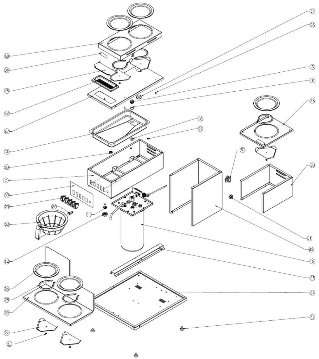 Exploded view diagram of a refrigerator with numbered parts for identification