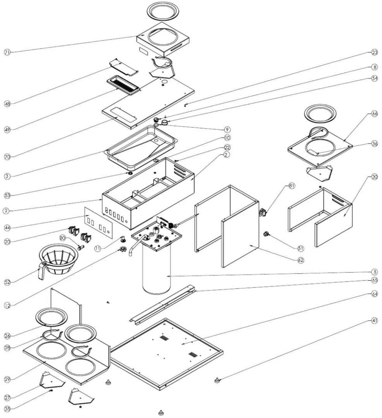 Exploded view diagram of a microwave oven with numbered components for identification
