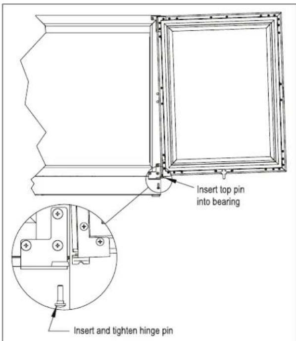 Insert top pin into bearing Insert and tighten hinge pin
