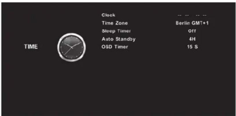 Clock Time Zone Sleep Timer Auto Standby OSD Timer Berlin GMT+1 Off 4H 15 S TIME