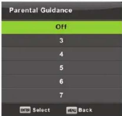 Parental Guidance Off 3 4 5 6 7 ENTER Select MENU Back