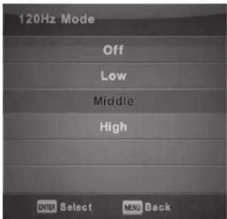 120Hz Mode Off Low Middle High ENTER Select MENU Back