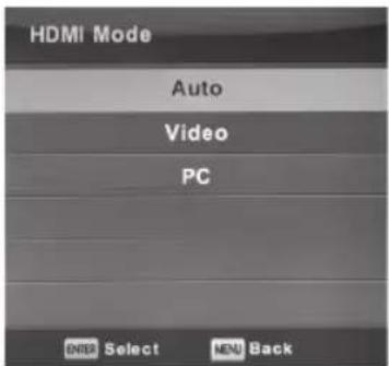 HDMI Mode Auto Video PC ENTER Select MENU Back