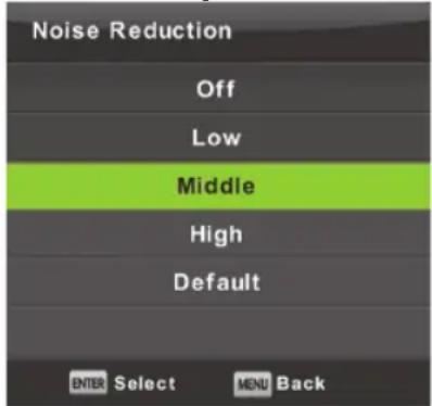 Noise Reduction Off Low Middle High Default ENTER Select MENU Back