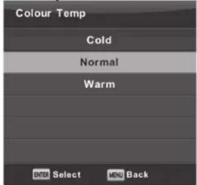 Colour Temp Cold Normal Warm ENTER Select MENU Back
