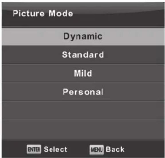 Picture Mode Dynamic Standard Mild Personal ENTER Select MENU Back