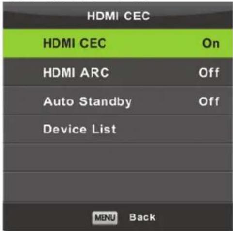 HDMI CEC HDMI CEC On HDMI ARC Off Auto Standby Off Device List MENU Back