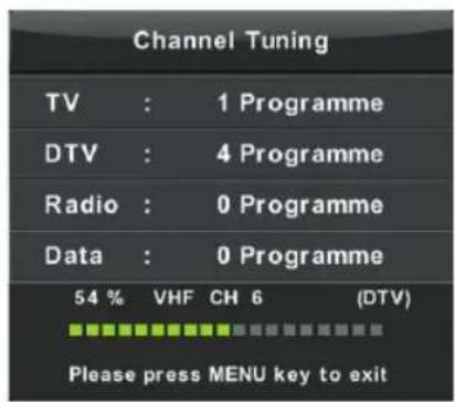 Channel Tuning TV : 1 Programme DTV : 4 Programme Radio : 0 Programme Data : 0 Programme 54 % VHF CH 6 (DTV) Please press MENU key to exit