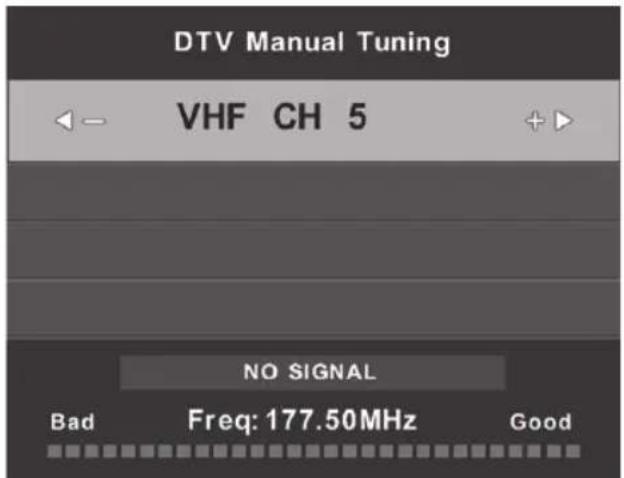 DTV Manual Tuning VHF CH 5 NO SIGNAL Bad Freq: 177.50MHz Good