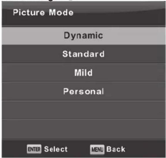 Picture Mode Dynamic Standard Mild Personal ENTER Select MENU Back