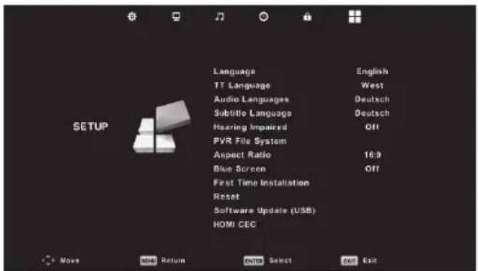 Language English TT Language West Audio Languages Deutsch Subtitle Language Deutsch Hearing Impaired Off PVR File System Aspect Ratio 16:9 Blue Screen Off First Time Installation Reset Software Update (USB) HOMI CEC SETUP Move Add Return Add Select Exit