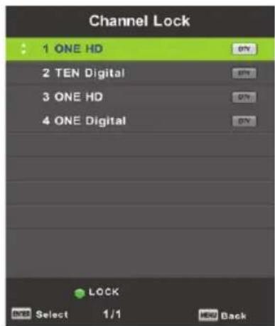 Channel Lock 1 ONE HD 2 TEN Digital 3 ONE HD 4 ONE Digital LOCK OK Select 1/1 HOURS Back
