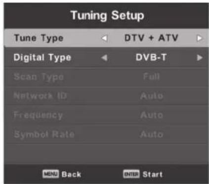 Tuning Setup Tune Type DTV + ATV Digital Type DVB-T Scan Type Full Network ID Auto Frequency Auto Symbol Rate Auto MENU Back ENTER Start