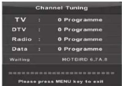 Channel Tuning TV : 0 Programme DTV : 0 Programme Radio : 0 Programme Data : 0 Programme Waiting HOTBIRD 6.7A.8 Please press MENU key to exit