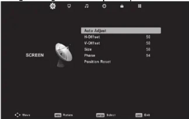 Auto Adjust H-Offset 50 V-Offset 50 Size 50 Phase 54 Position Reset SCREEN Move Next Return Edit Select Exit