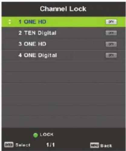 Channel Lock 1 ONE HD 2 TEN Digital 3 ONE HD 4 ONE Digital LOCK ENTER Select 1/1 MENU Back