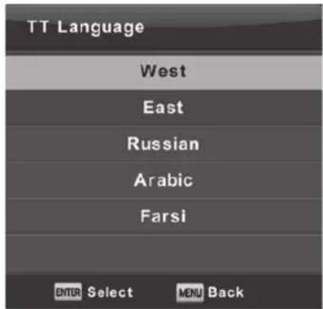 TT Language West East Russian Arabic Farsi ENTER Select MENU Back