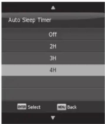 Auto Sleep Timer Off 2H 3H 4H ENTER Select MENU Back