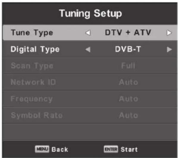 Tuning Setup Tune Type DTV + ATV Digital Type DVB-T Scan Type Full Network ID Auto Frequency Auto Symbol Rate Auto MENU Back ENTER Start