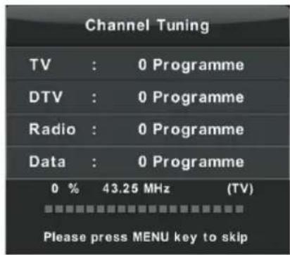 Channel Tuning TV : 0 Programme DTV : 0 Programme Radio : 0 Programme Data : 0 Programme 0 % 43.25 MHz (TV) Please press MENU key to skip