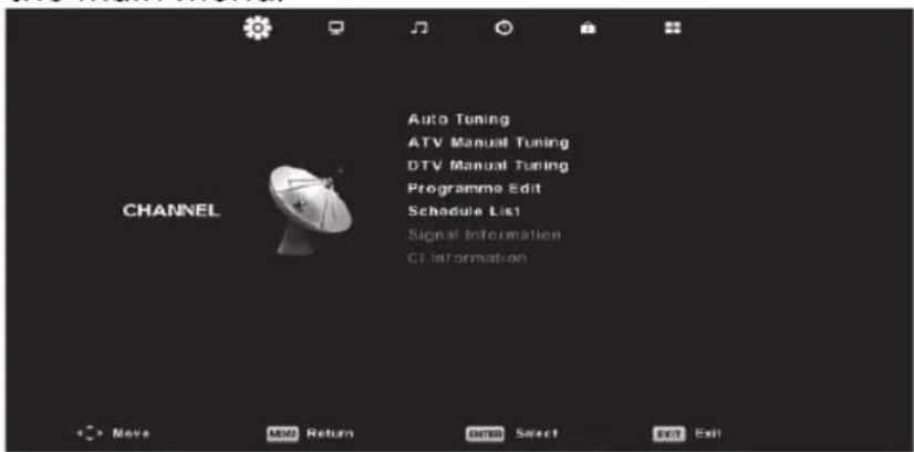 CHANNEL Auto Tuning ATV Manual Tuning DTV Manual Tuning Programme Edit Schedule List Signal Information CI Information Move Mid Return Dens Select Exit Exit