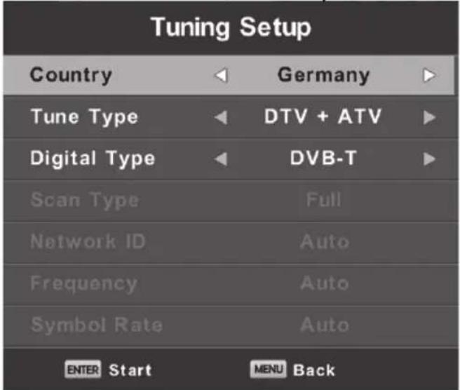 Tuning Setup Country Germany Tune Type DTV + ATV Digital Type DVB-T Scan Type Full Network ID Auto Frequency Auto Symbol Rate Auto ENTER Start MENU Back