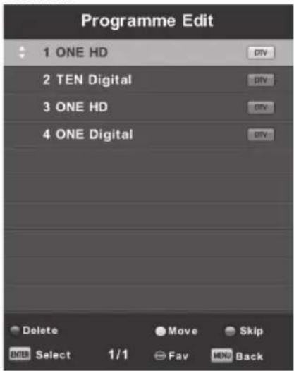 Programme Edit 1 ONE HD 2 TEN Digital 3 ONE HD 4 ONE Digital Delete Move Skip ENTER Select 1/1 Fav MENU Back
