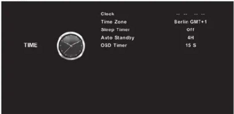 Clock Time Zone Sleep Timer Auto Standby OSD Timer Berlin GMT+1 Off 4H 15 S