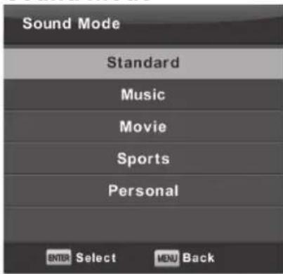 Sound Mode Standard Music Movie Sports Personal ENTER Select MENU Back