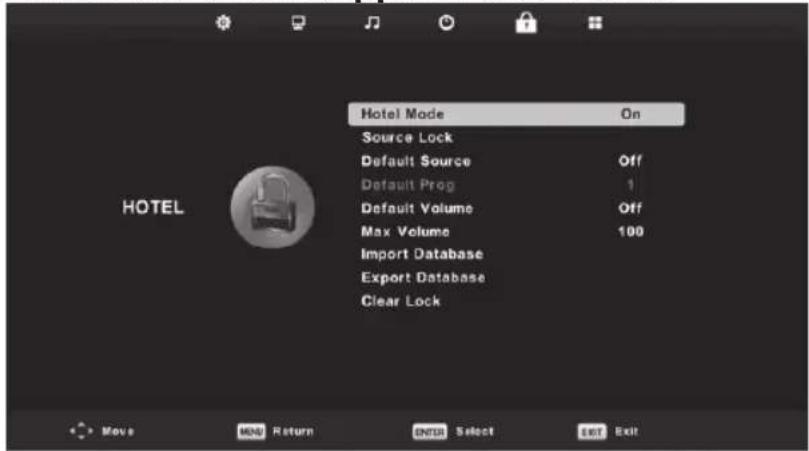 Hotel Mode On Source Lock Default Source Off Default Prog 1 Default Volume Off Max Volume 100 Import Database Export Database Clear Lock