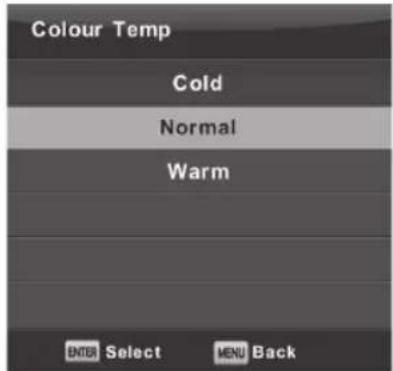 Colour Temp Cold Normal Warm ENTER Select MENU Back