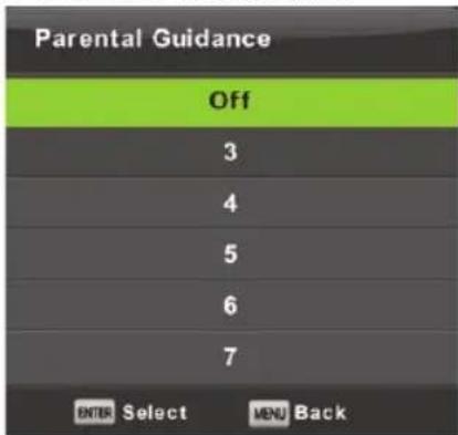 Parental Guidance Off 3 4 5 6 7 ENTER Select MENU Back