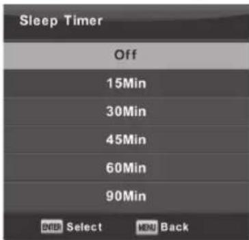 Sleep Timer Off 15Min 30Min 45Min 60Min 90Min ENTER Select MENU Back