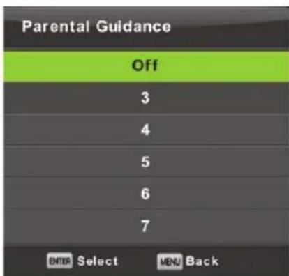 Parental Guidance Off 3 4 5 6 7 ENTER Select MENU Back