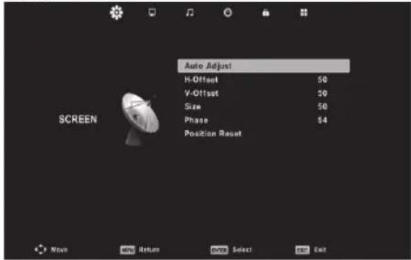 Auto Adjust H-Offset 50 V-Offset 50 Size 50 Phase $4 Position Reset SCREEN Move Return Select Exit