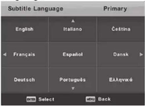 Subtitle Language Primary English Italiano Čeština Français Español Dansk Deutsch Português Ελληνικά BND Select MENU Back