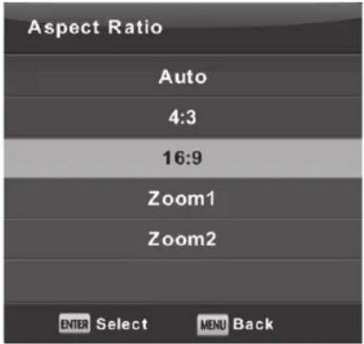 Aspect Ratio Auto 4:3 16:9 Zoom1 Zoom2 ENTER Select MENU Back