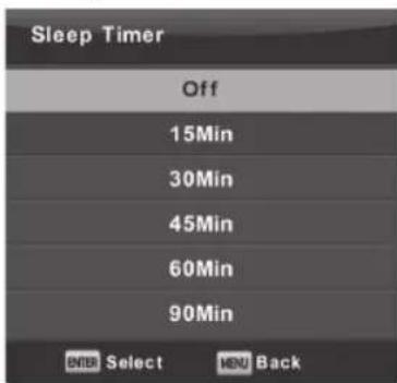 Sleep Timer Off 15Min 30Min 45Min 60Min 90Min ENTER Select MENU Back