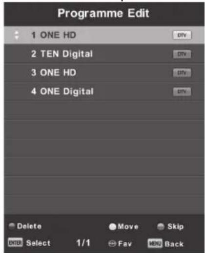 Programme Edit 1 ONE HD 2 TEN Digital 3 ONE HD 4 ONE Digital Delete Move Skip ENTER Select 1/1 Fav MEN Back