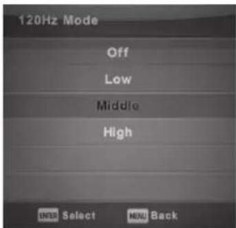 120Hz Mode Off Low Middle High ENTER Select MENU Back